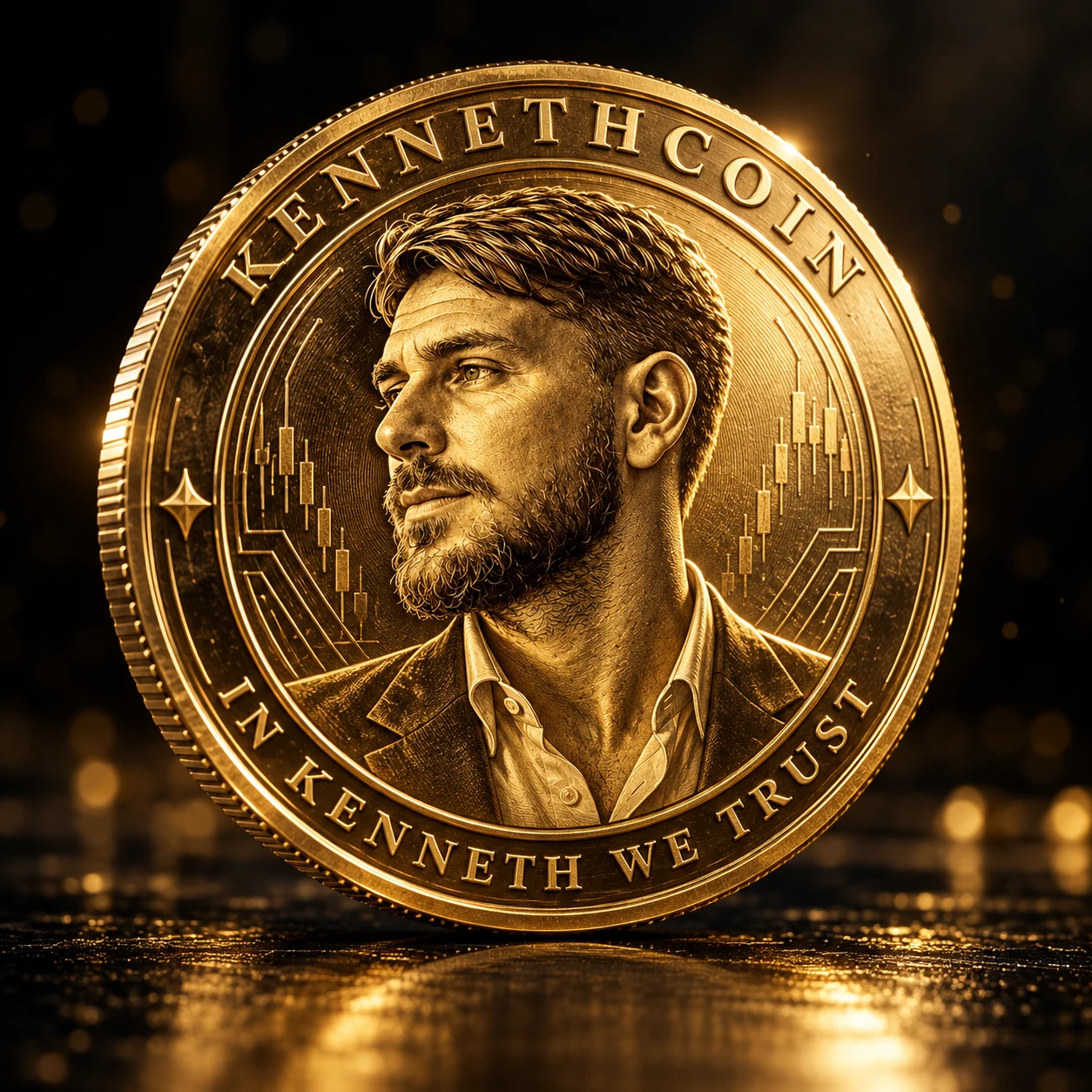 Gold KENNETHCOIN commemorative coin bearing an embossed portrait of Kenneth and the motto In Kenneth We Trust